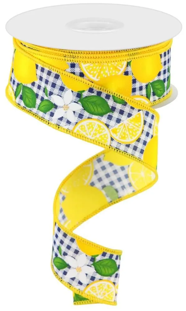 1.5" Lemon w/ Leaves Check Ribbon: Navy/Wht - 10yds