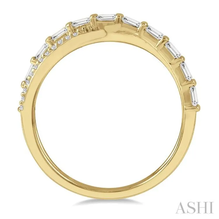 3/8 ctw Wide Split Cross Over Baguette and Round Cut Diamond Fashion Ring in 14K Yellow Gold