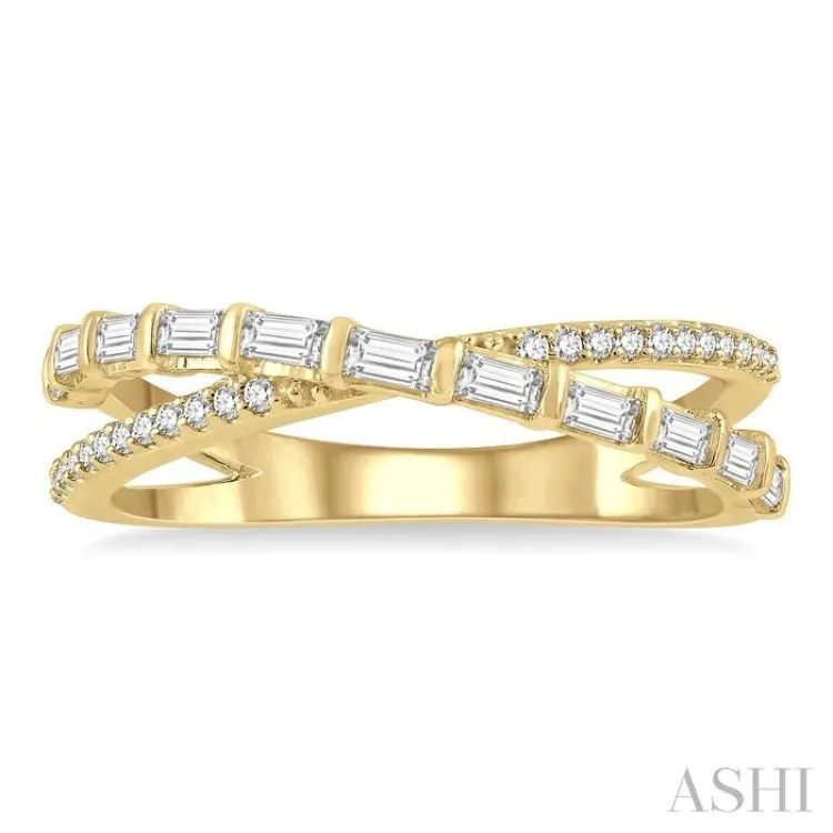 3/8 ctw Wide Split Cross Over Baguette and Round Cut Diamond Fashion Ring in 14K Yellow Gold