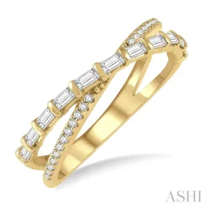 3/8 ctw Wide Split Cross Over Baguette and Round Cut Diamond Fashion Ring in 14K Yellow Gold