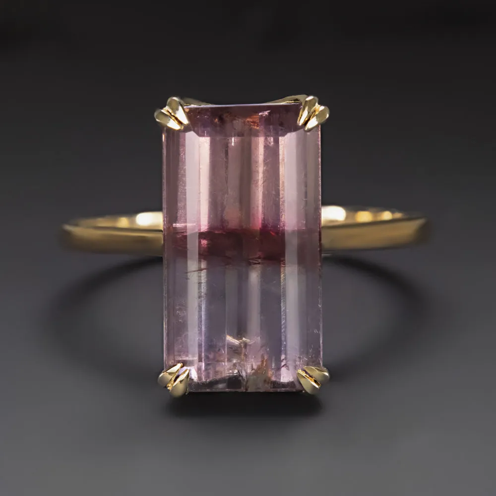 5.30ct BI COLOR TOURMALINE SOLITAIRE RING YELLOW GOLD PINK PURPLE EMERALD CUT