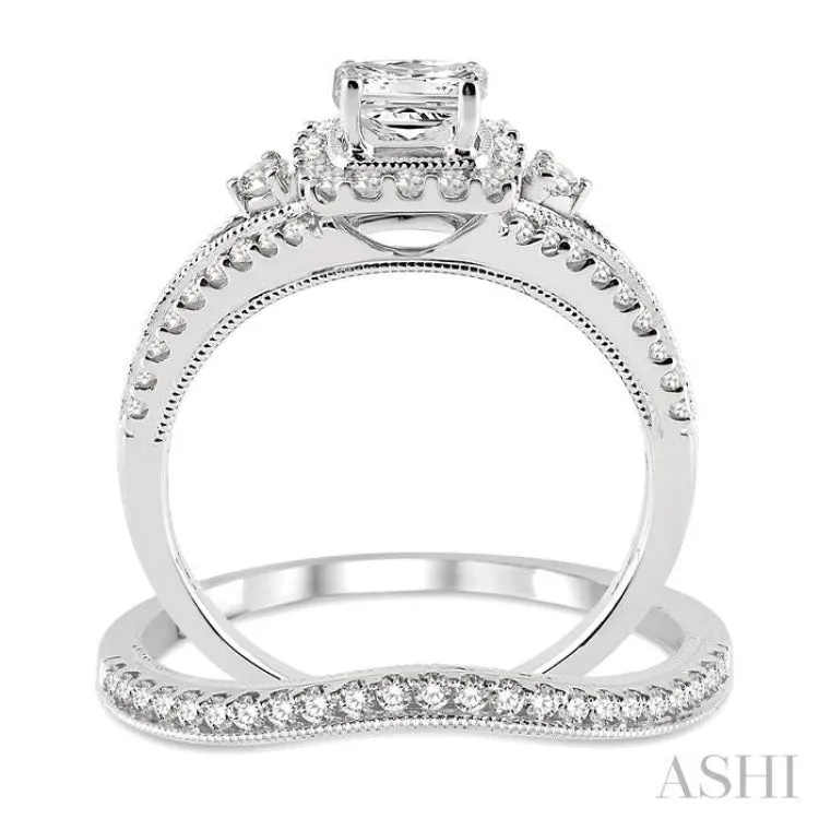 7/8 Ctw Diamond Wedding Set with 3/4 Ctw Princess Cut Engagement Ring and 1/6 Ctw Wedding Band in 14K White Gold