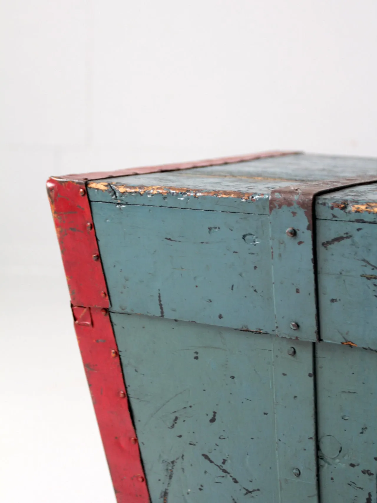 antique blue hand-painted wood trunk