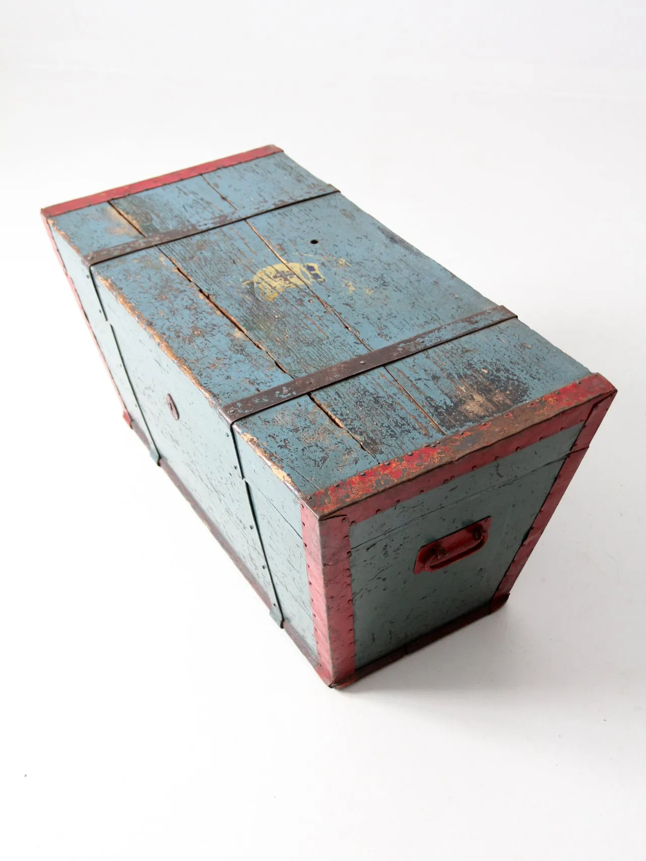 antique blue hand-painted wood trunk