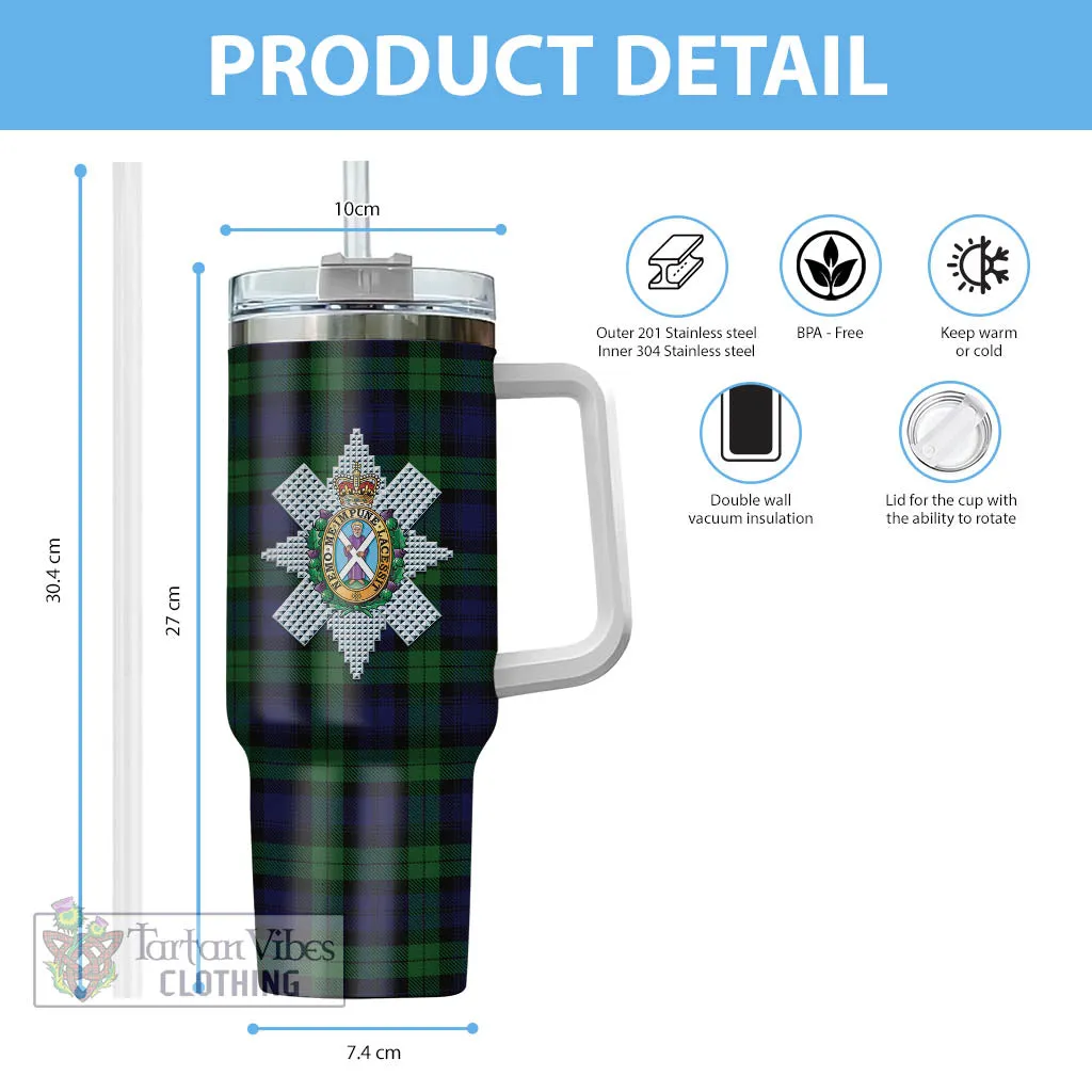 Black Watch Tartan and Family Crest Tumbler with Handle