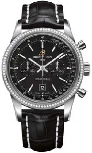 Breitling - Transocean Chronograph 38 Steel - Diamond Bezel - Croco Strap