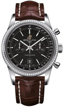 Breitling - Transocean Chronograph 38 Steel - Diamond Bezel - Croco Strap