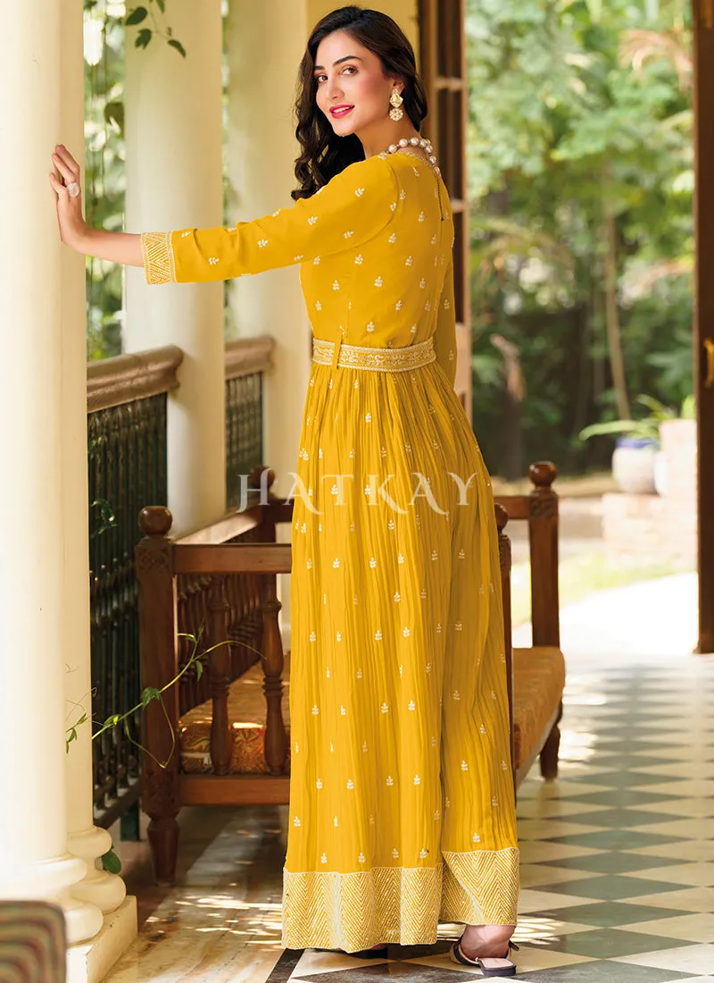 Bright Yellow Embroidered Flared Jumpsuit