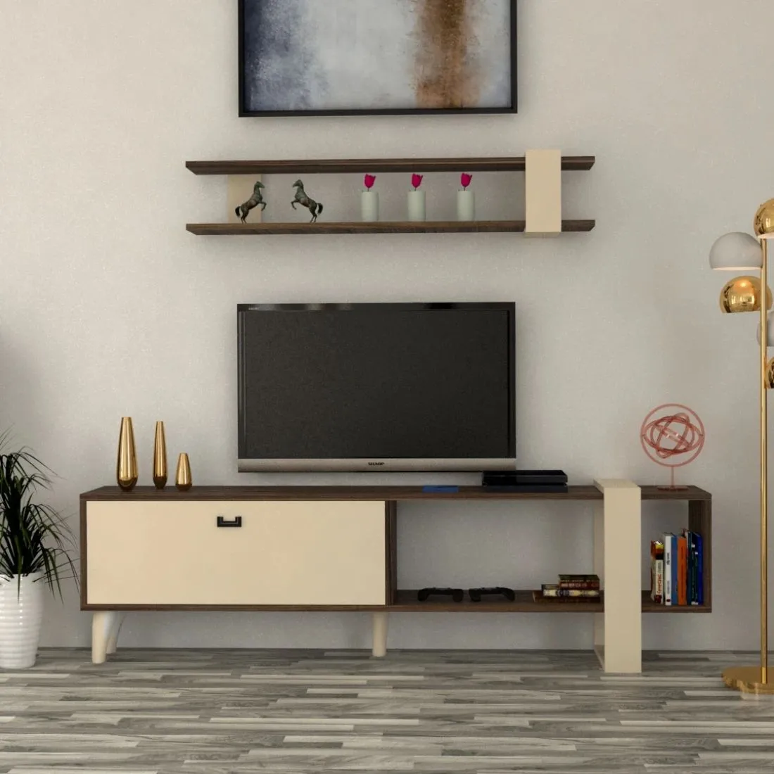 Brown Coffee Table & TV Set with Modern Beige Accents – Elevate Your Living Room