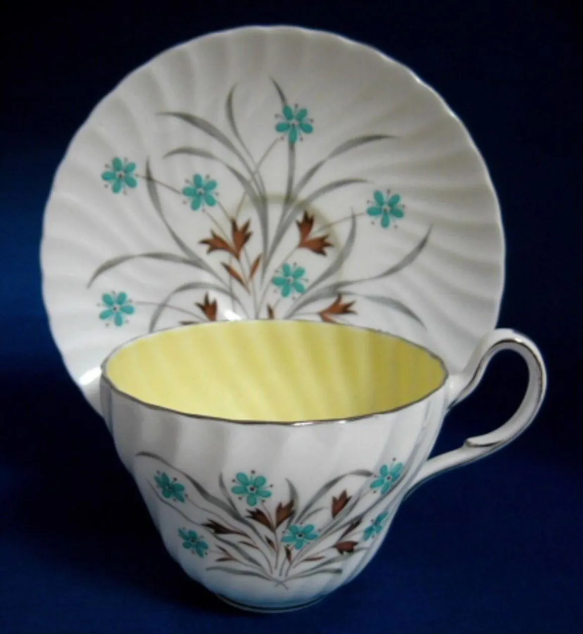 Cup And Saucer Foley Retro Aqua Floral Yellow Interior Platinum Trim 1950s