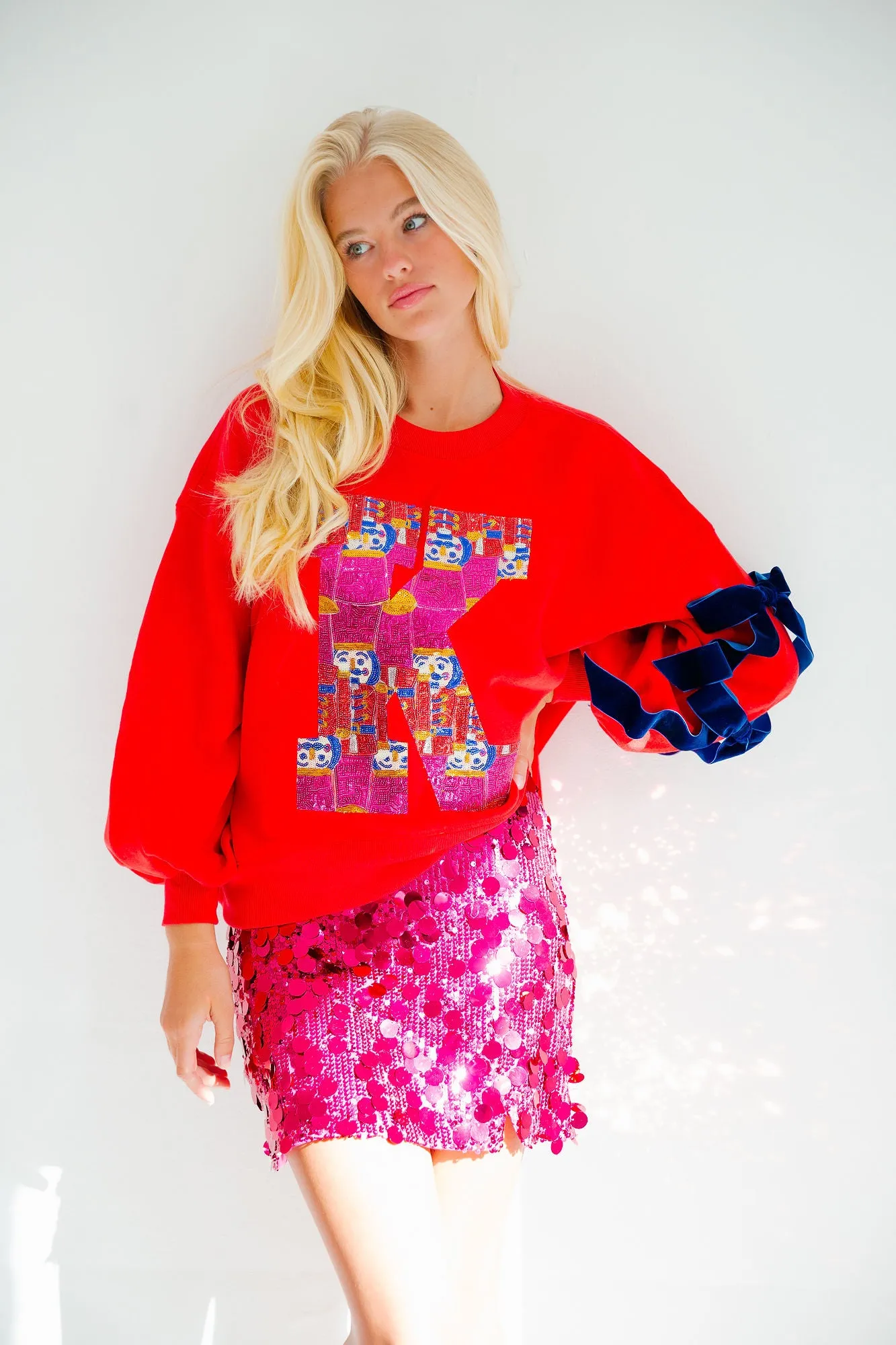 CUSTOM RED SEQUIN NUTCRACKER LETTER PULLOVER