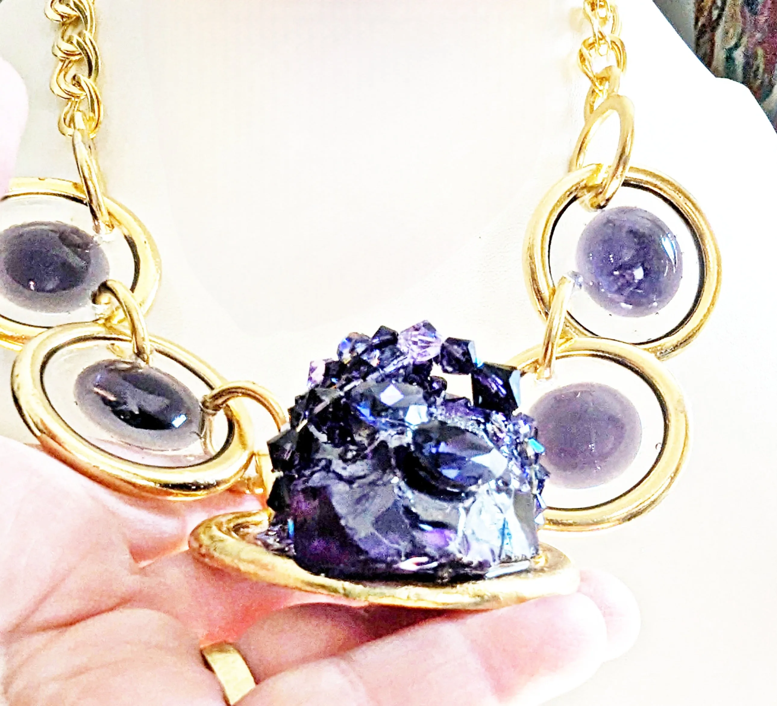 Deep Grape Purple and Gold Statement Necklace Chunk of CZ Artisan Handmade Swarovski Stones Sugar Gay Isber