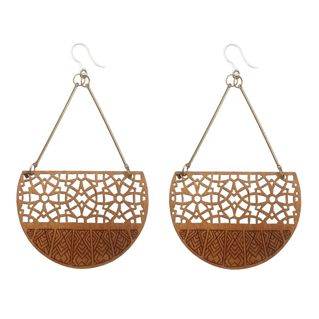 Exaggerated Stamped Wooden Dangles Hypoallergenic Earrings for Sensitive Ears Made with Plastic Posts