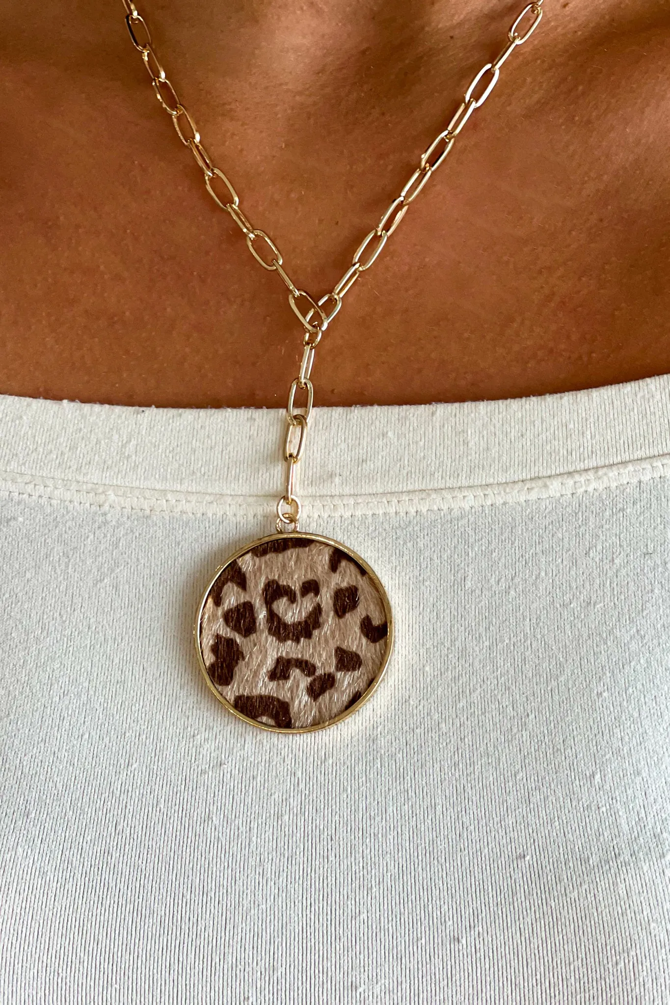 Gold and Tan Round Animal Print Pendant Necklace