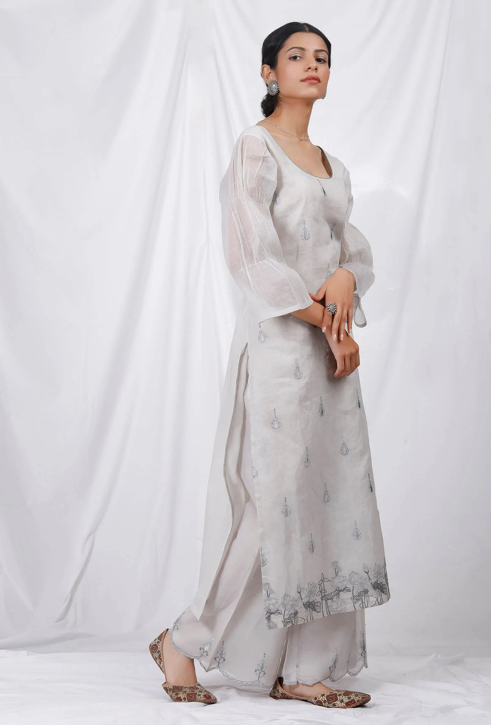 Grey Embroidered Organdy Kurta