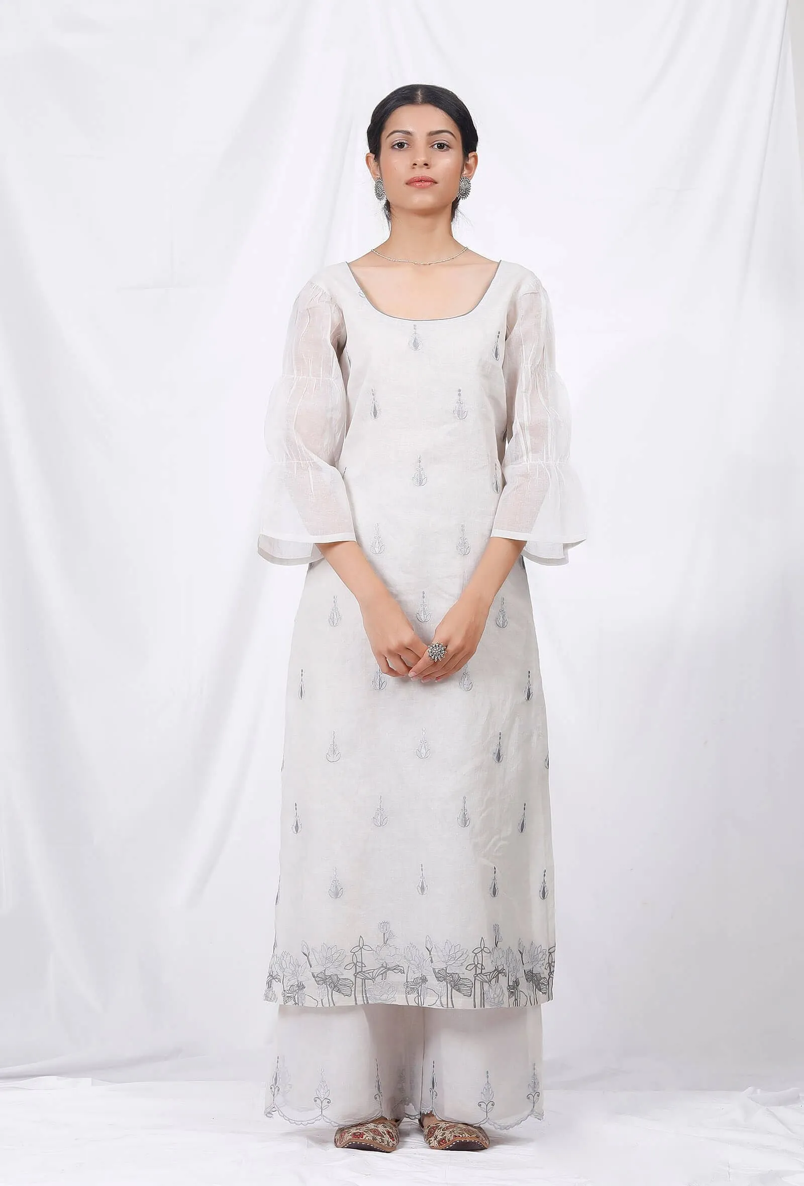 Grey Embroidered Organdy Kurta