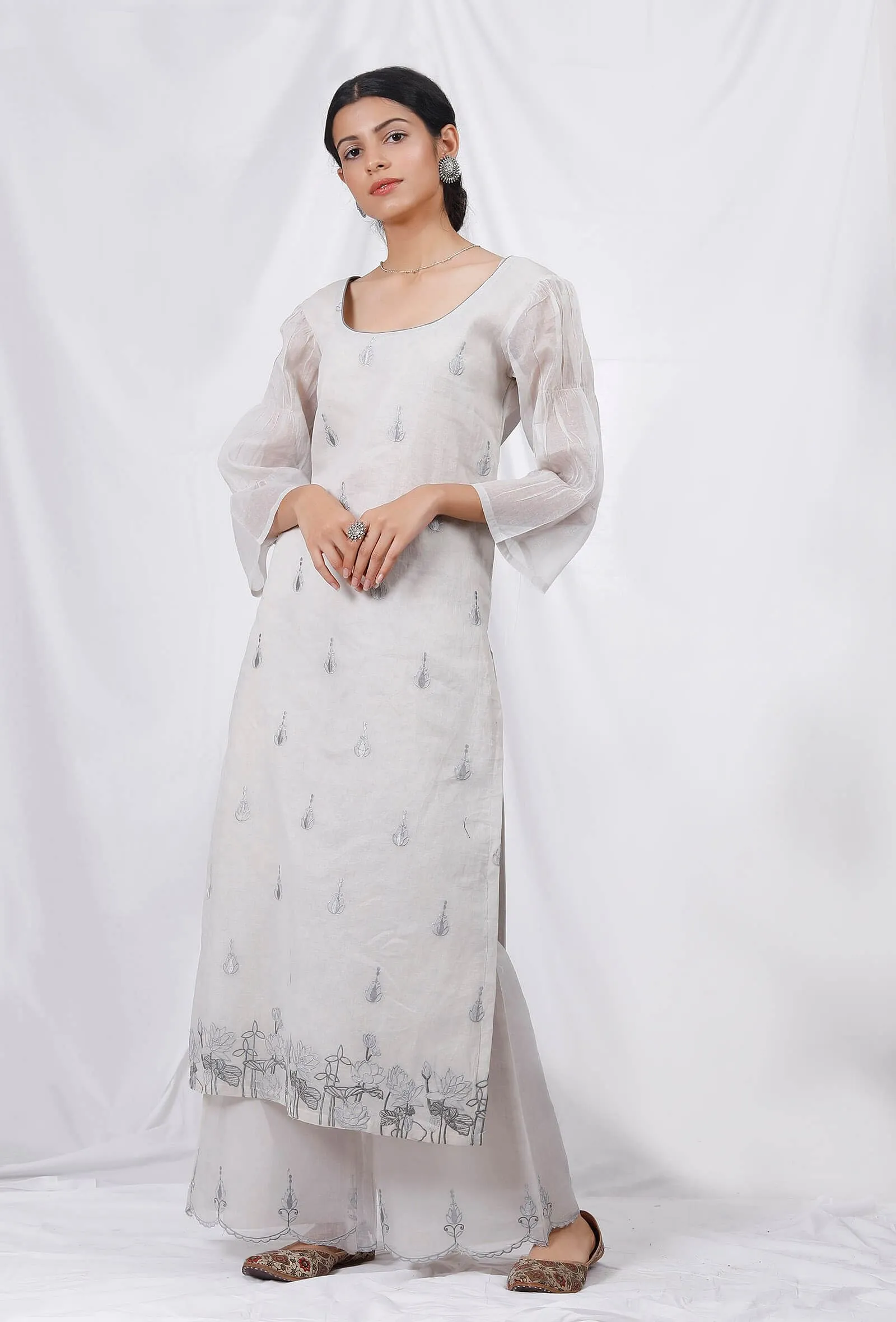 Grey Embroidered Organdy Kurta