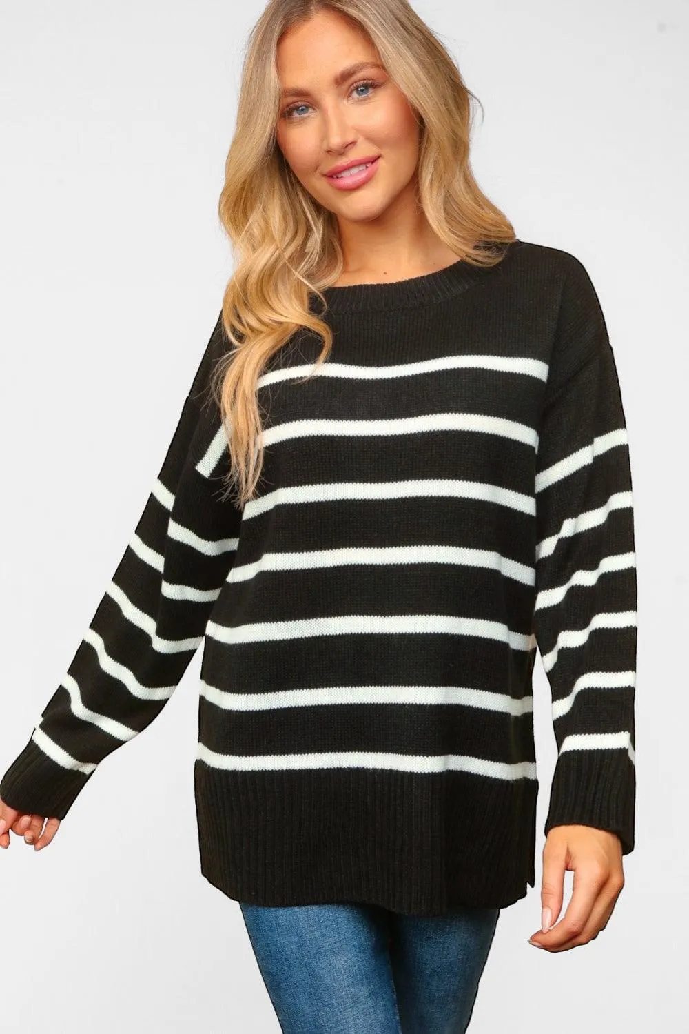 Haptics Full Size Striped Contrast Side Slit Sweater