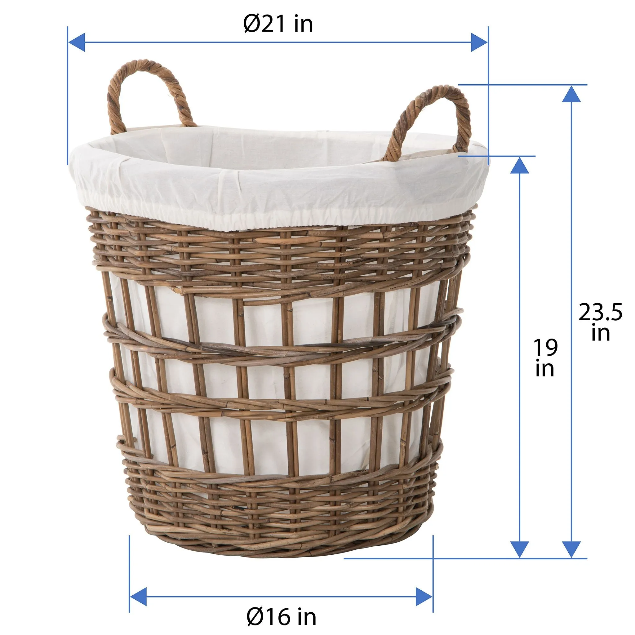 Kobo Round Rattan Storage and Laundry Basket with Liner and Handles - Removable and Washable Liner