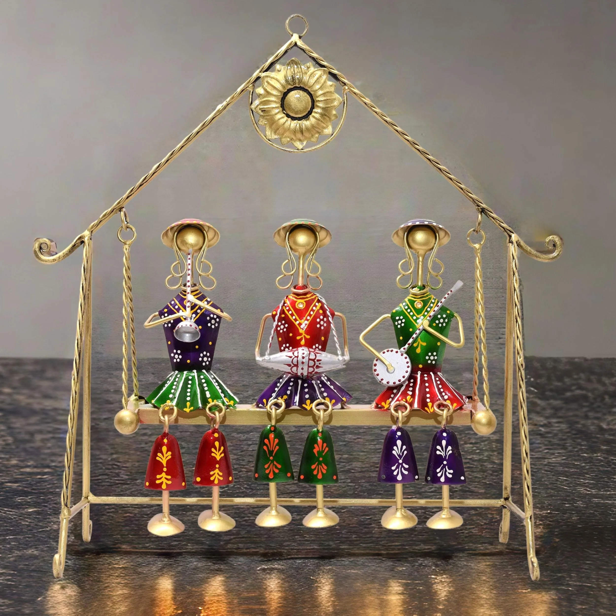 KRAFTSKALA Three Rajasthani Musician Dolls Swing Set Home Decor Items for Living Room, Large 16 x 16 inch Metal Tabletop Showpiece Hanging Jhula for Centertable, Shelf, Gifting