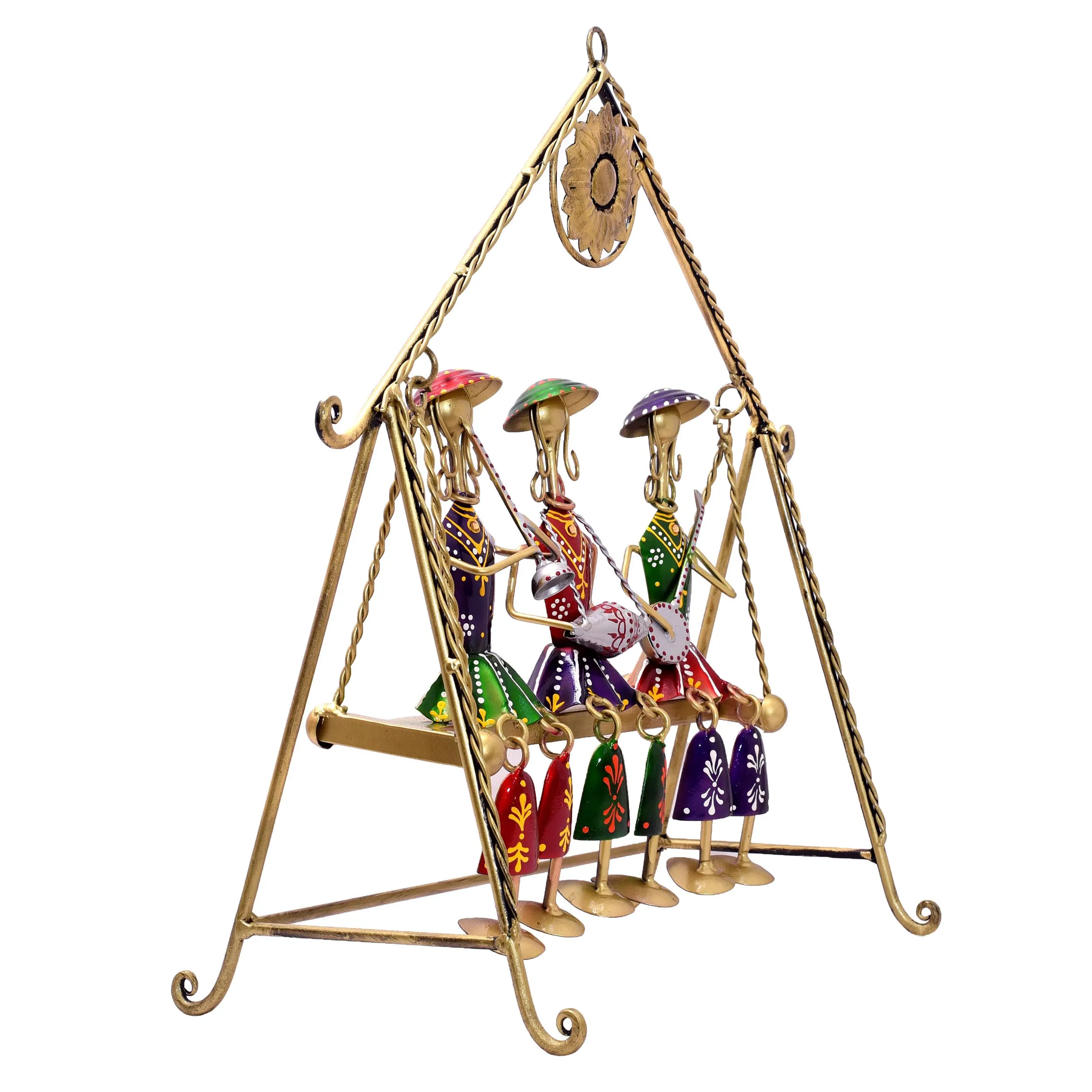 KRAFTSKALA Three Rajasthani Musician Dolls Swing Set Home Decor Items for Living Room, Large 16 x 16 inch Metal Tabletop Showpiece Hanging Jhula for Centertable, Shelf, Gifting