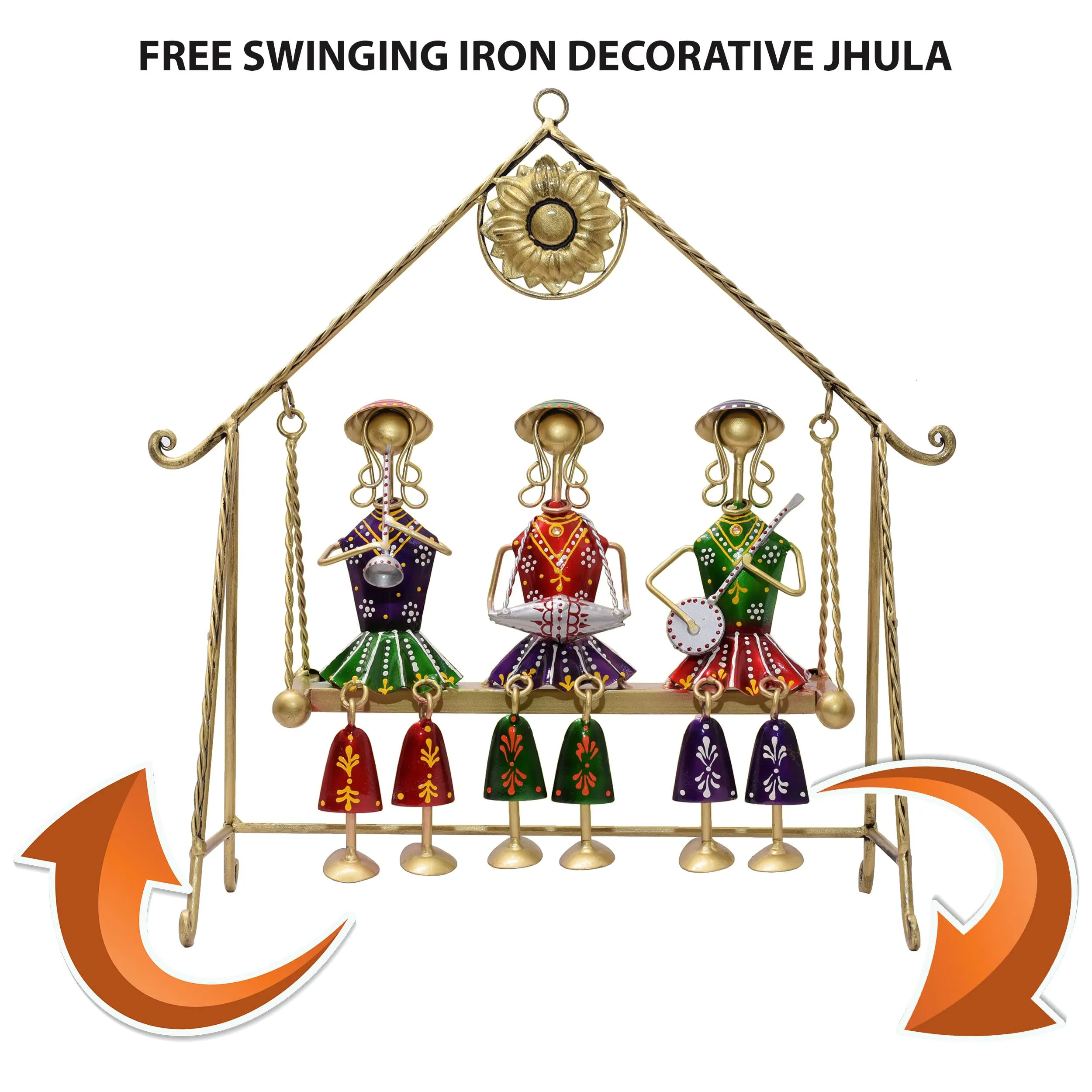 KRAFTSKALA Three Rajasthani Musician Dolls Swing Set Home Decor Items for Living Room, Large 16 x 16 inch Metal Tabletop Showpiece Hanging Jhula for Centertable, Shelf, Gifting