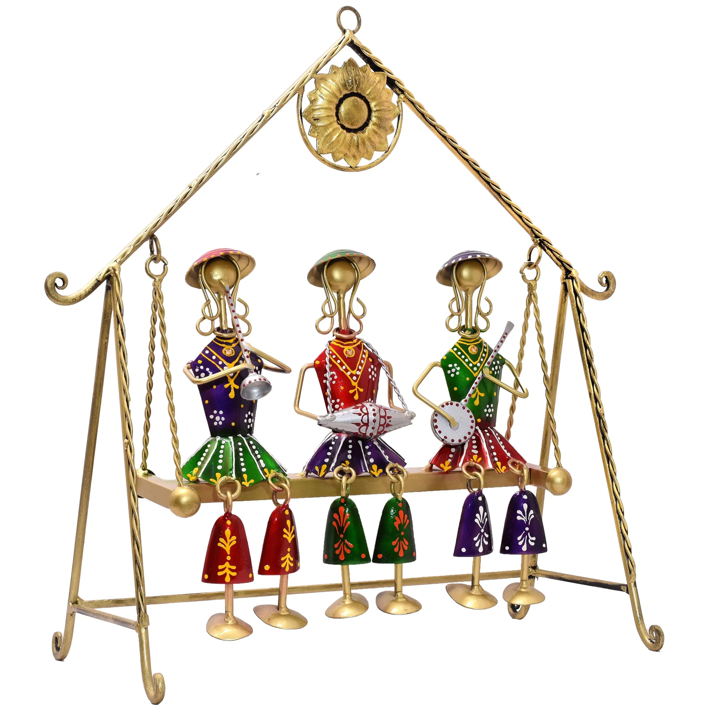 KRAFTSKALA Three Rajasthani Musician Dolls Swing Set Home Decor Items for Living Room, Large 16 x 16 inch Metal Tabletop Showpiece Hanging Jhula for Centertable, Shelf, Gifting