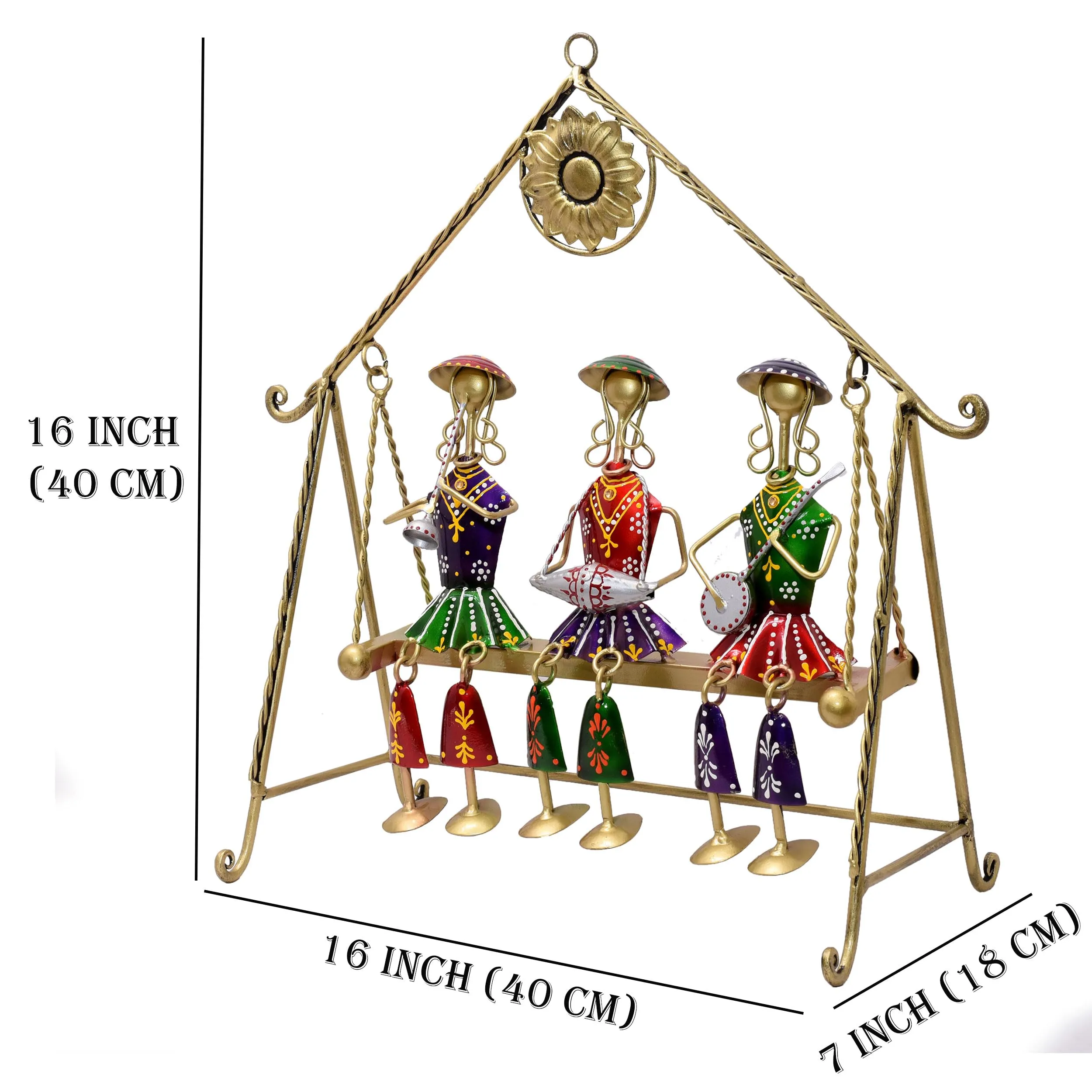 KRAFTSKALA Three Rajasthani Musician Dolls Swing Set Home Decor Items for Living Room, Large 16 x 16 inch Metal Tabletop Showpiece Hanging Jhula for Centertable, Shelf, Gifting