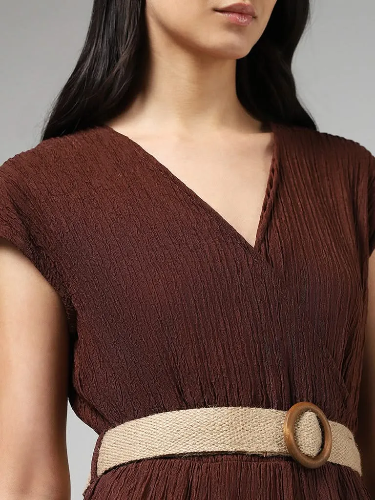 LOV Chocolate Brown Surplice Neck Crepe Jumpsuit