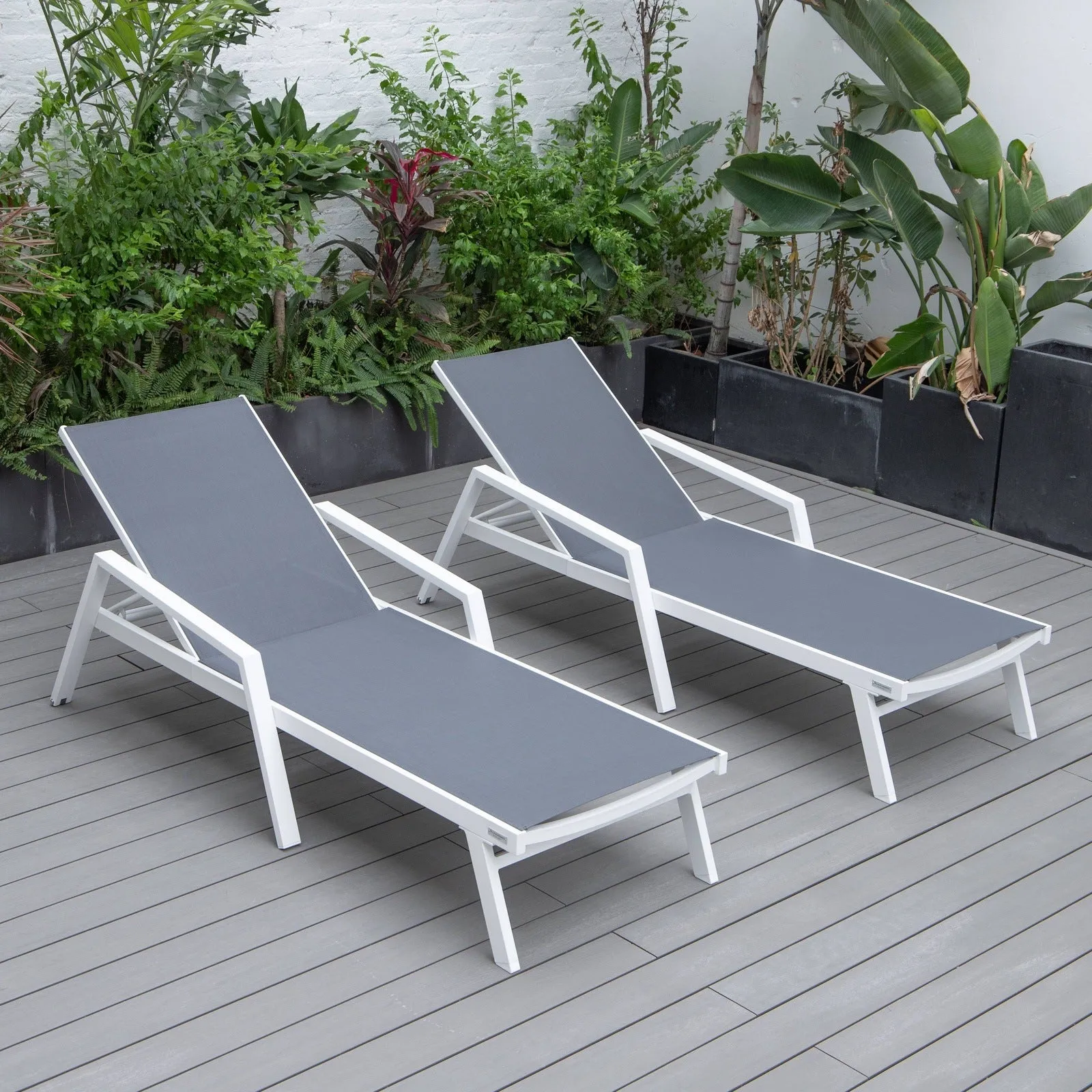 Marlin Patio Chaise Lounge Chair with Armrests in White Aluminum Frame, Set of 2