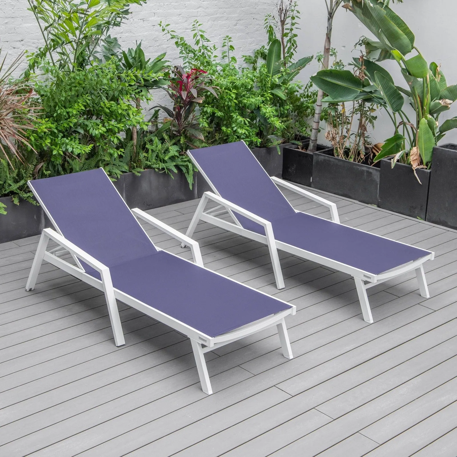 Marlin Patio Chaise Lounge Chair with Armrests in White Aluminum Frame, Set of 2