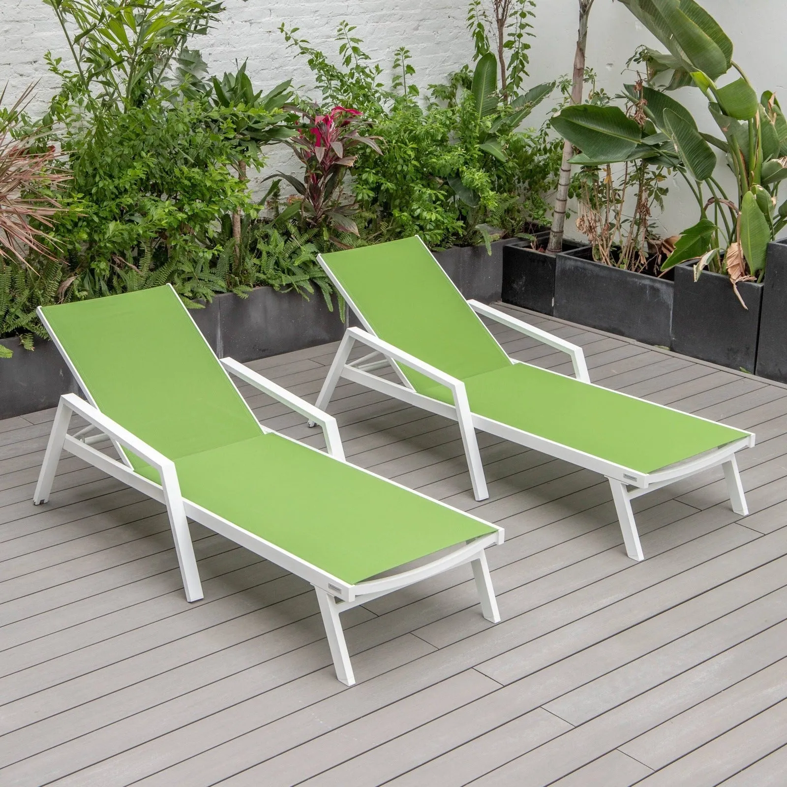 Marlin Patio Chaise Lounge Chair with Armrests in White Aluminum Frame, Set of 2