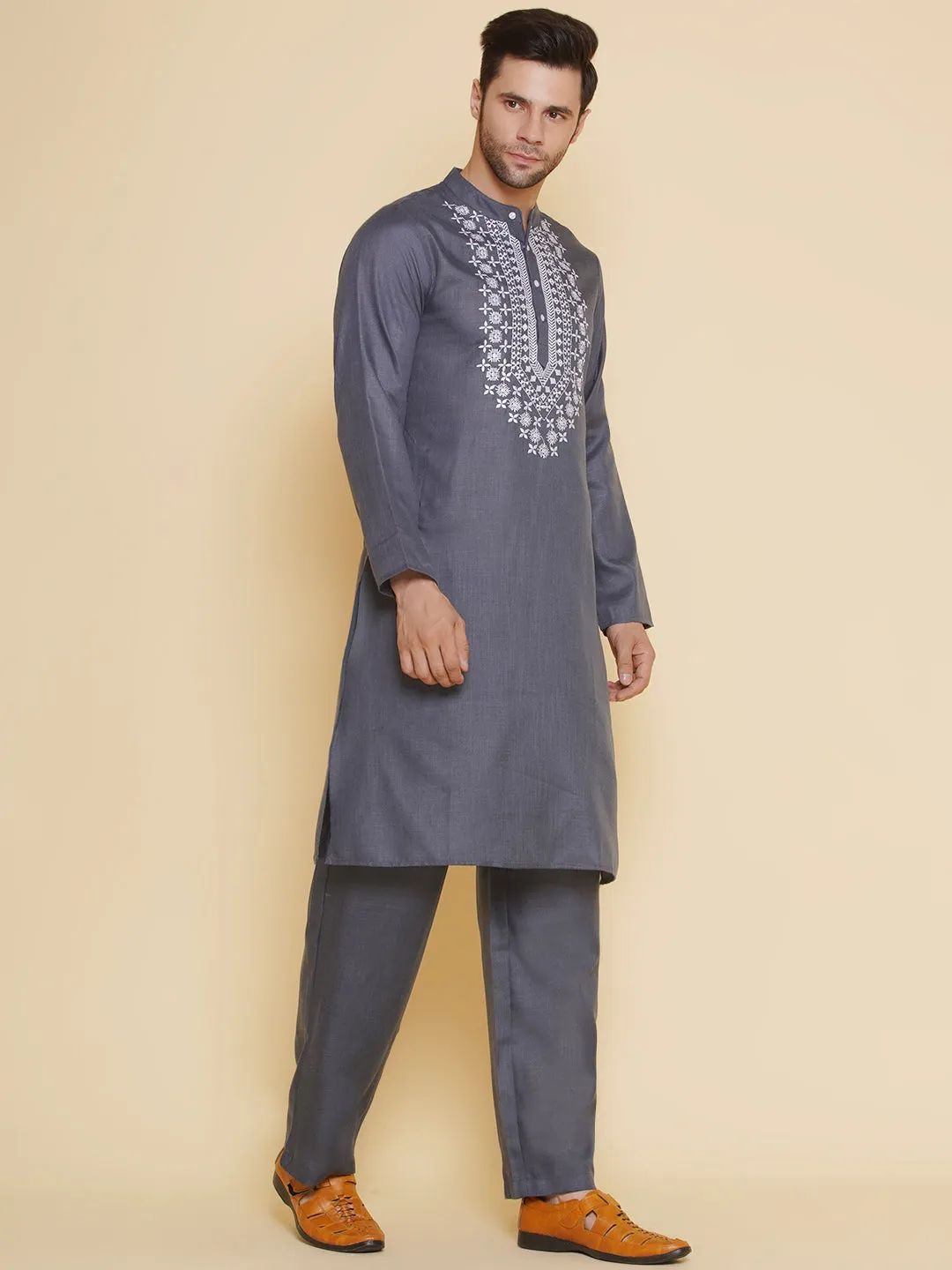 Men Grey Embroidered ethnic motifs Festive Kurta Pyjamas