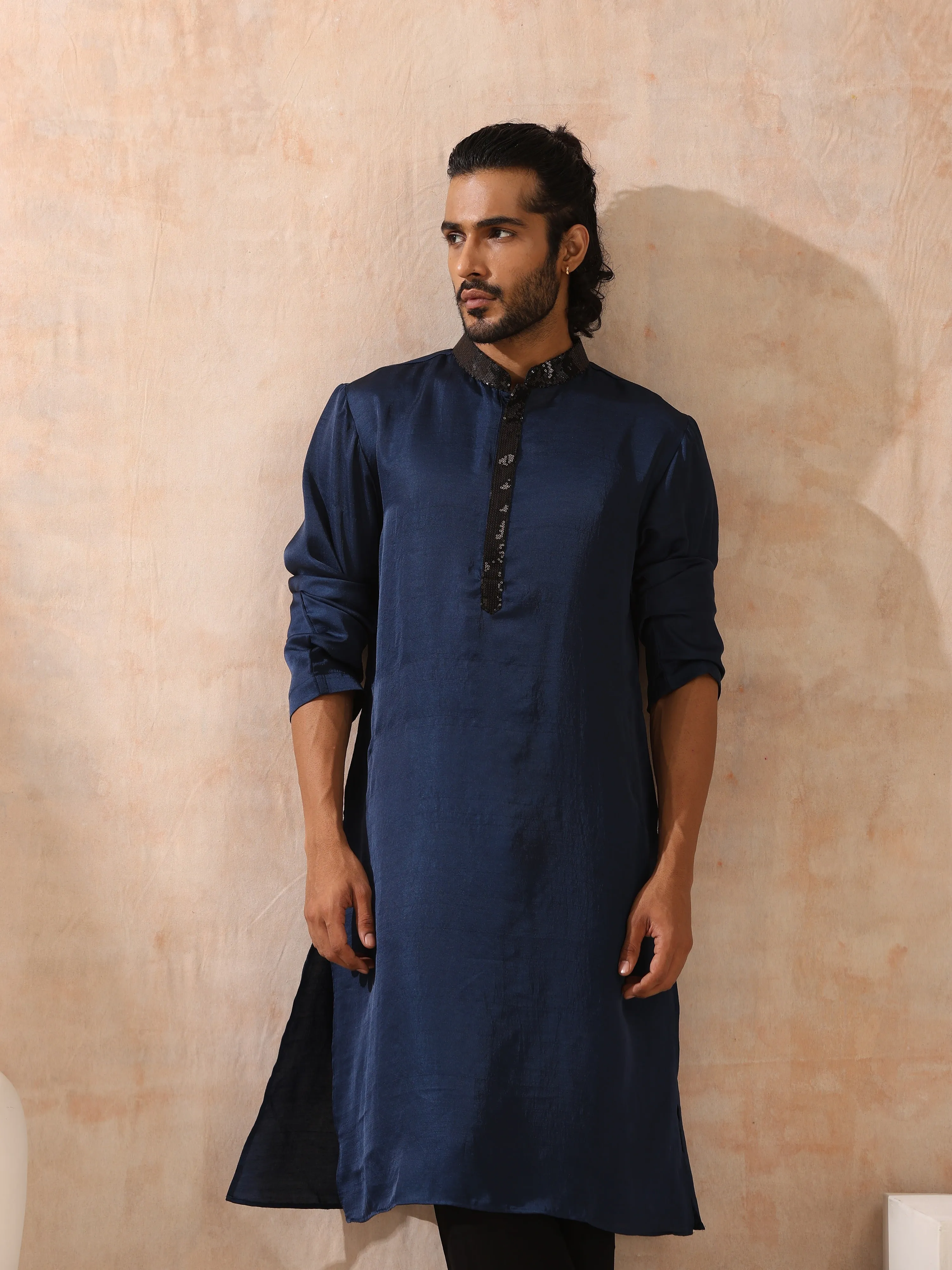 Mens Blue Kurta with Black Sequin Placket and Collar