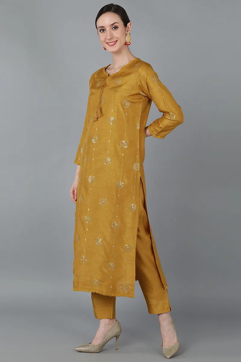 Mustard Silk Blend Ethnic Motifs Straight Suit Set