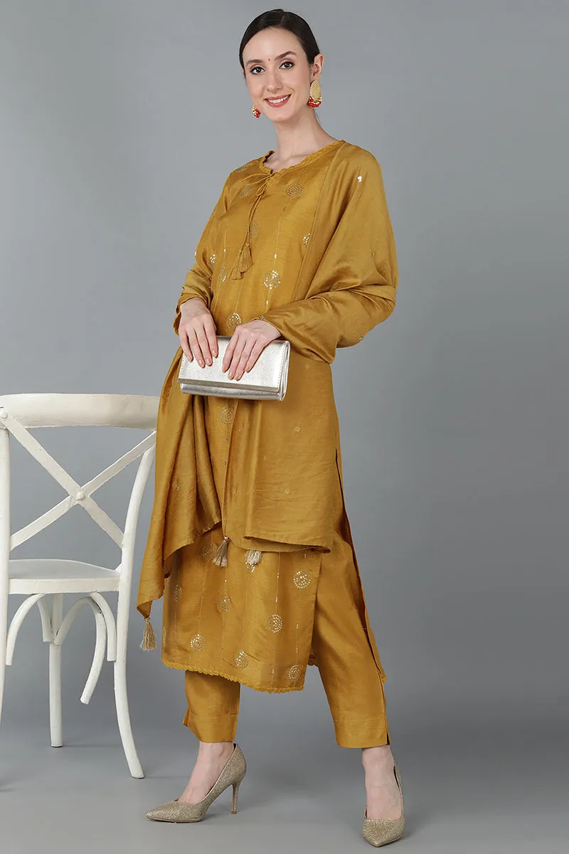 Mustard Silk Blend Ethnic Motifs Straight Suit Set