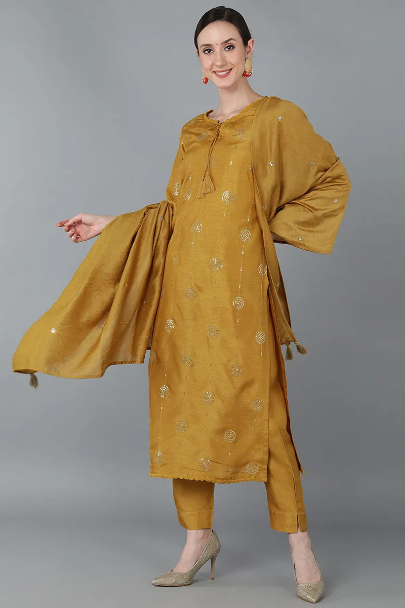 Mustard Silk Blend Ethnic Motifs Straight Suit Set