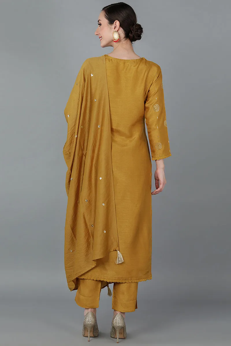 Mustard Silk Blend Ethnic Motifs Straight Suit Set