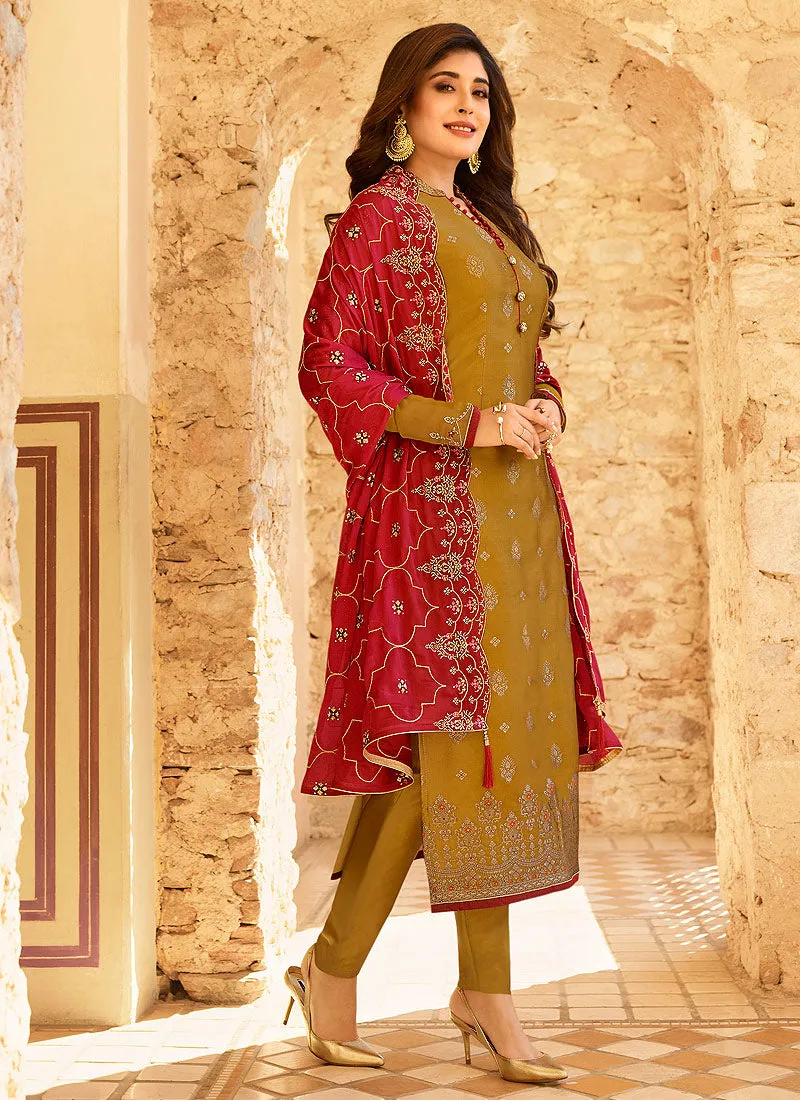 Mustard Yellow And Red Embroidered Pant Suit