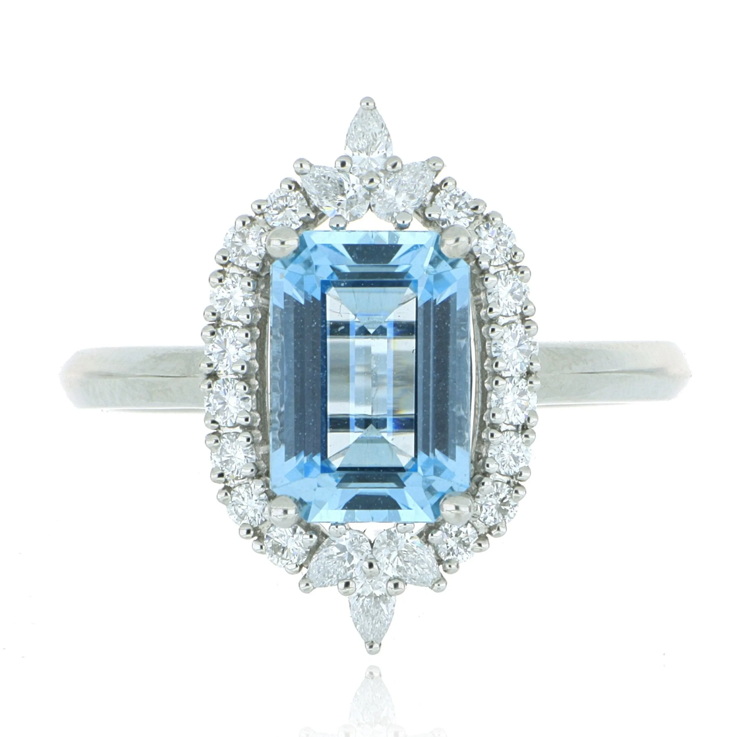 Platinum Step-Cut Aqua Marine and Diamond Accented Ring