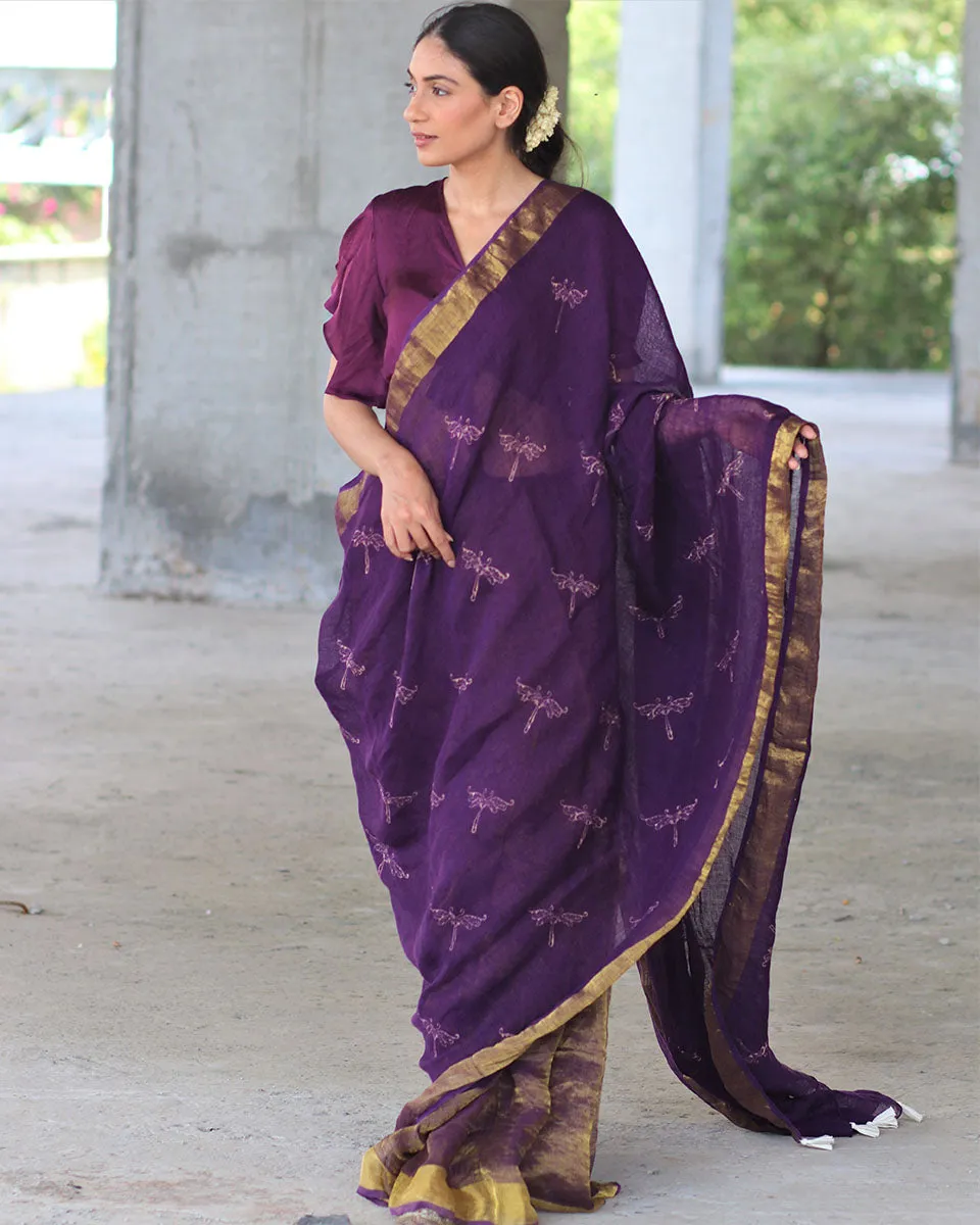 Purple Block Printed Handwoven Linen Zari Saree -Anant