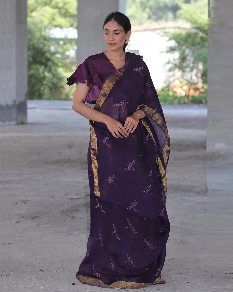 Purple Block Printed Handwoven Linen Zari Saree -Anant