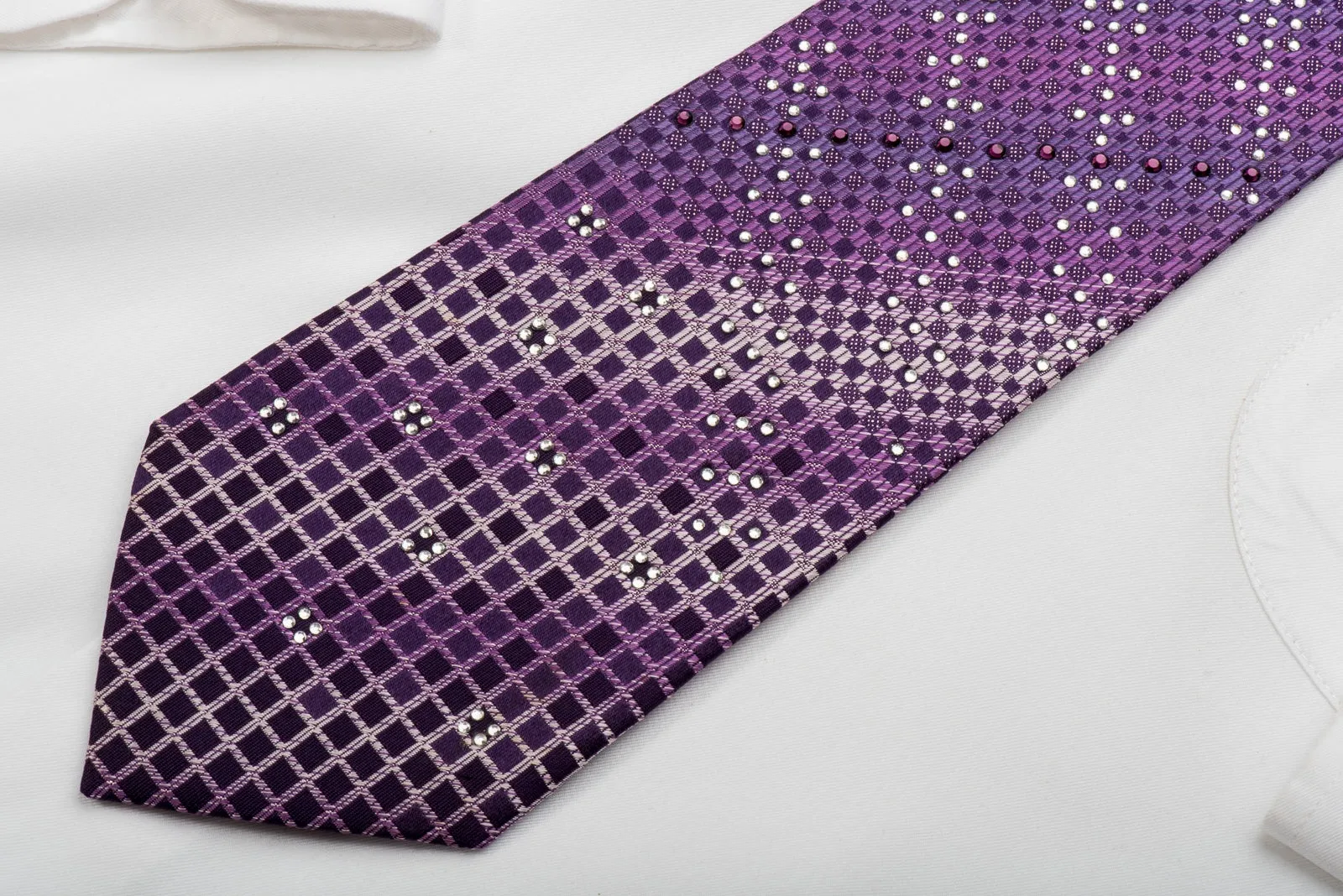 Remizio Rhinestone Silk Necktie Squares On Purple With Sparkles