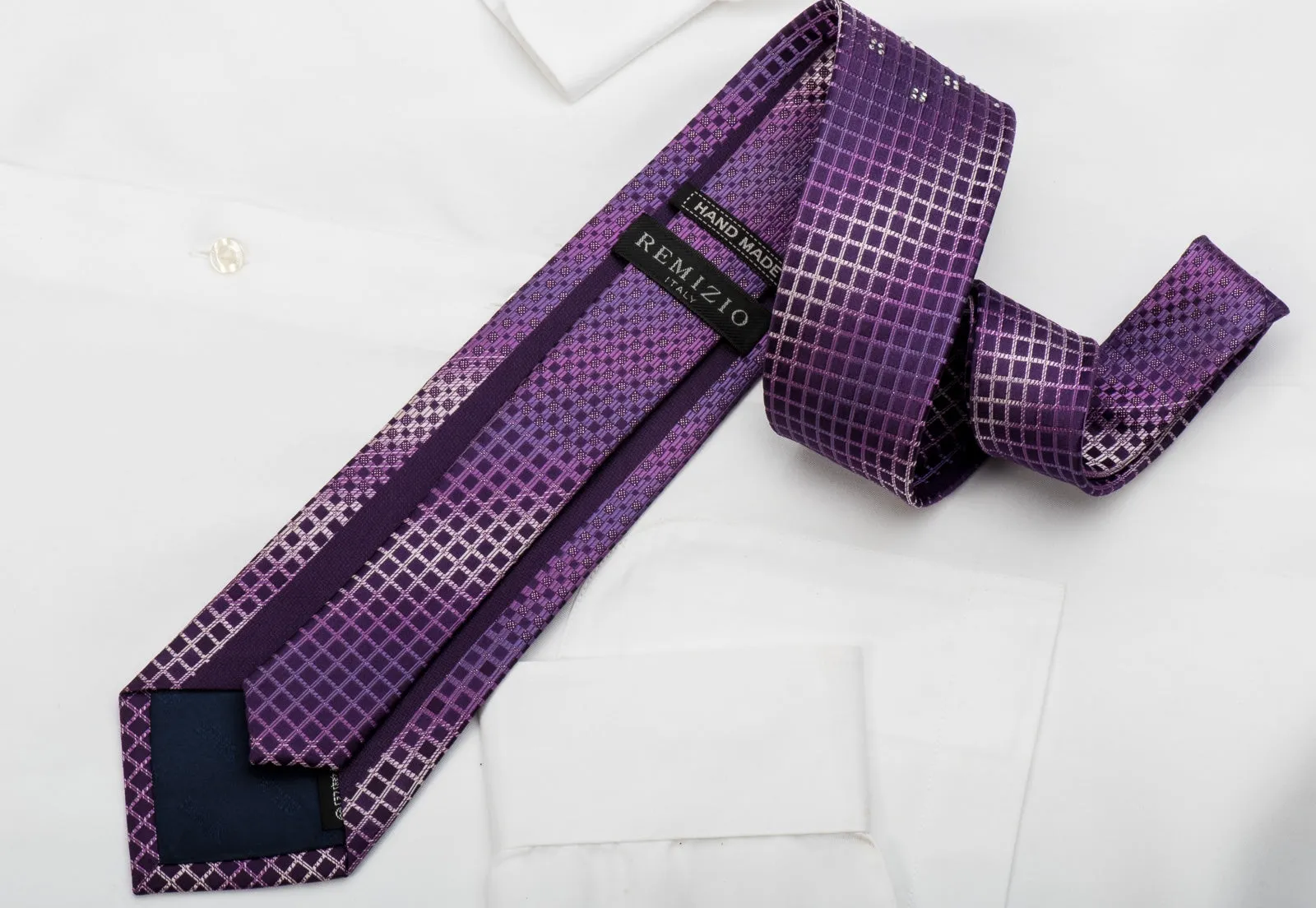 Remizio Rhinestone Silk Necktie Squares On Purple With Sparkles