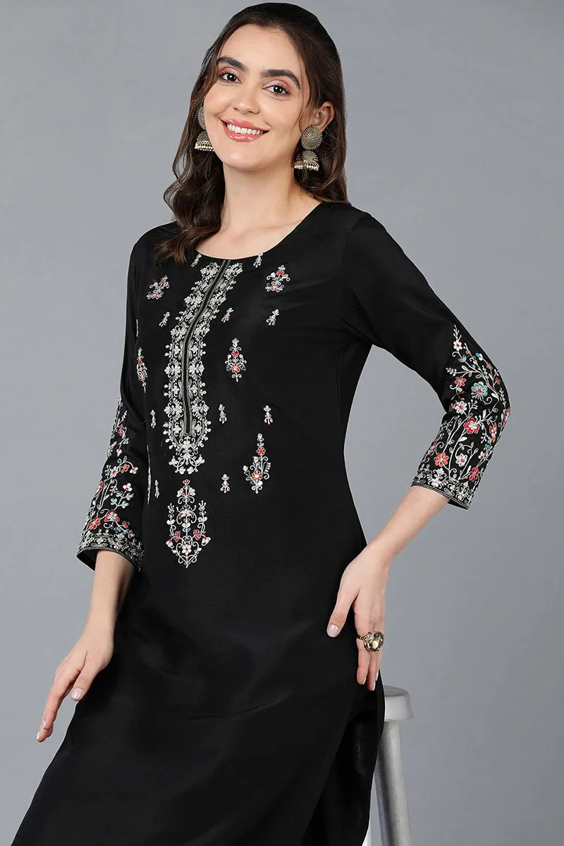 Silk Blend Black Embroidered Straight Kurta