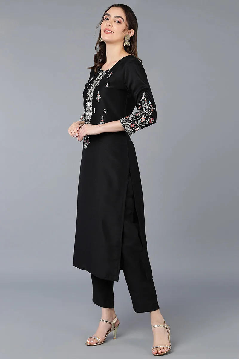 Silk Blend Black Embroidered Straight Kurta