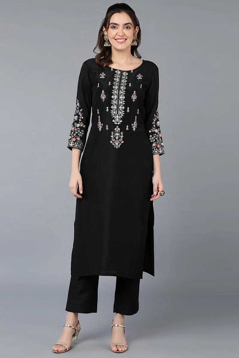 Silk Blend Black Embroidered Straight Kurta