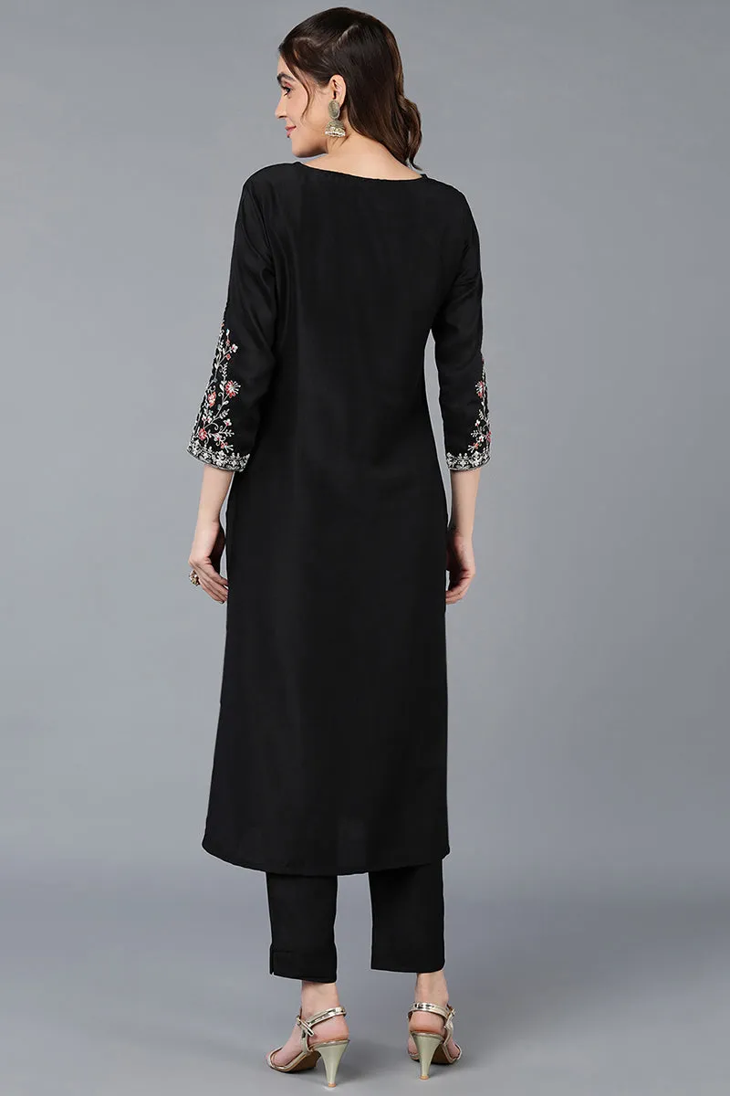 Silk Blend Black Embroidered Straight Kurta