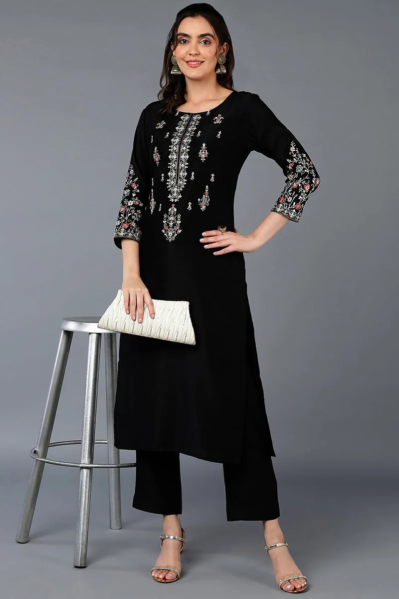 Silk Blend Black Embroidered Straight Kurta