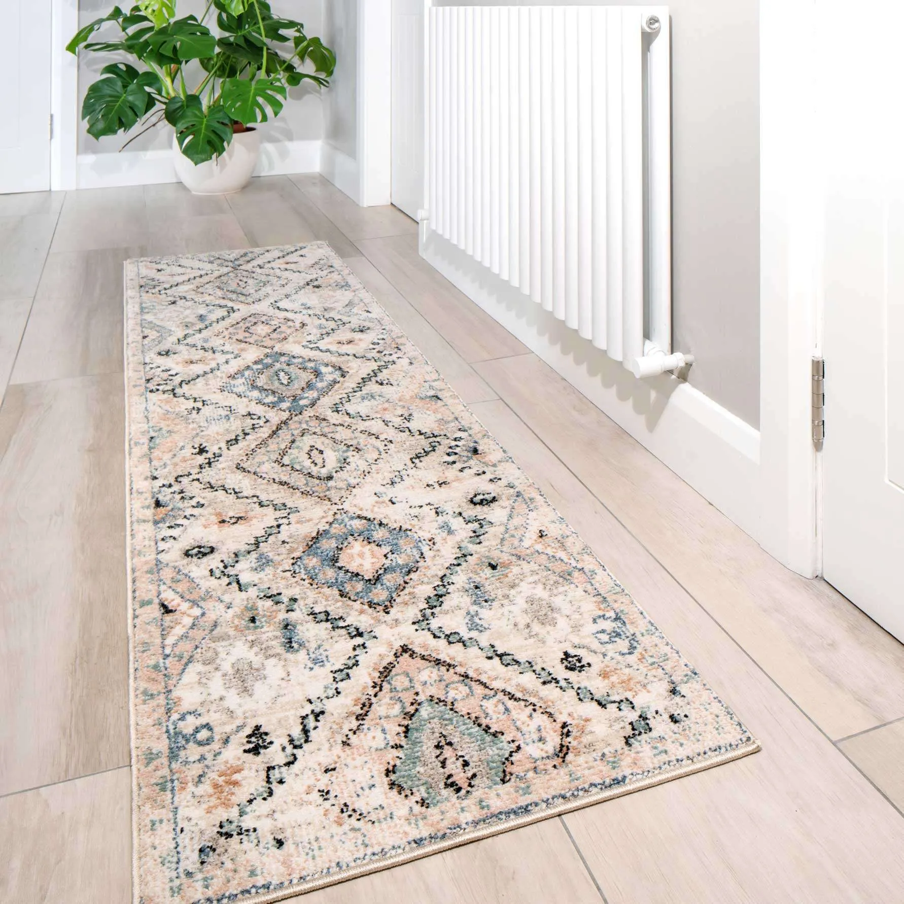 Soft Natural Blue Aztec Hallway Rug